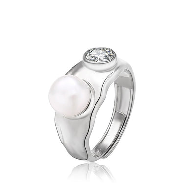 hesy® Zircon Wide Band Pearl Adjustable Handmade 925 Sterling Silver Ring C2485