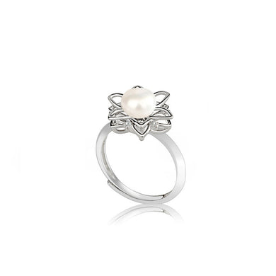 hesy® Double layer Hollow Out Flower Pearl Adjustable Handmade 925 Sterling Silver Ring C2483