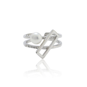 hesy® Rectangle Zircon Pearl Adjustable Handmade 925 Sterling Silver Ring C2479