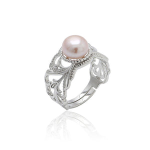 hesy® Hollow Out Flower Band Pearl Adjustable Handmade 925 Sterling Silver Ring C2478