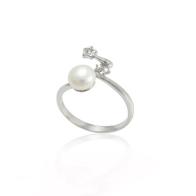 hesy® Flower Zircon Pearl Adjustable Handmade 925 Sterling Silver Ring C2476