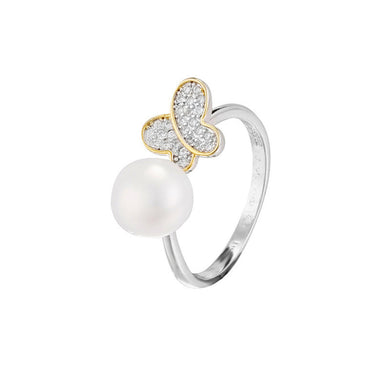 hesy® 18K Gold Plated Zircon Butterfly Pearl Adjustable Handmade 925 Sterling Silver Ring C2469