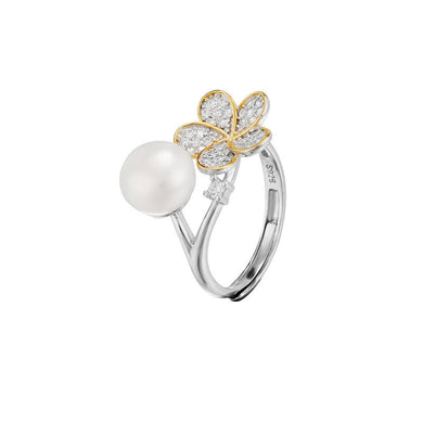 hesy® 18K Gold Plated Flower Pearl Adjustable Handmade 925 Sterling Silver Ring C2466