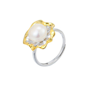 hesy® 18K Gold Plated Lotus Leaf Pearl Adjustable Handmade 925 Sterling Silver Ring C2461