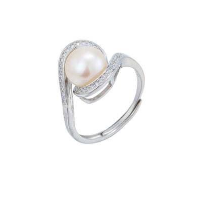 hesy® Zircon Surrounded Pearl Adjustable Handmade 925 Sterling Silver Ring C2460