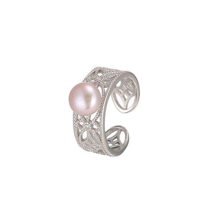 hesy® Hollow-out Band Pearl Adjustable Handmade 925 Sterling Silver Ring C2458