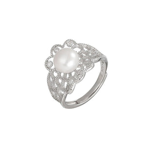 hesy® Hollow Out Flower Band Pearl Adjustable Handmade 925 Sterling Silver Ring C2456