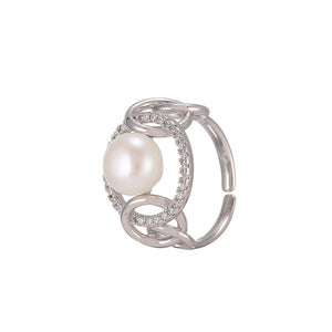 hesy® Inlaid Zircon Pearl Adjustable Handmade 925 Sterling Silver Ring C2452