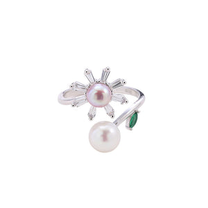 hesy® Flower Zircon Pearl Adjustable Handmade 925 Sterling Silver Ring C2451