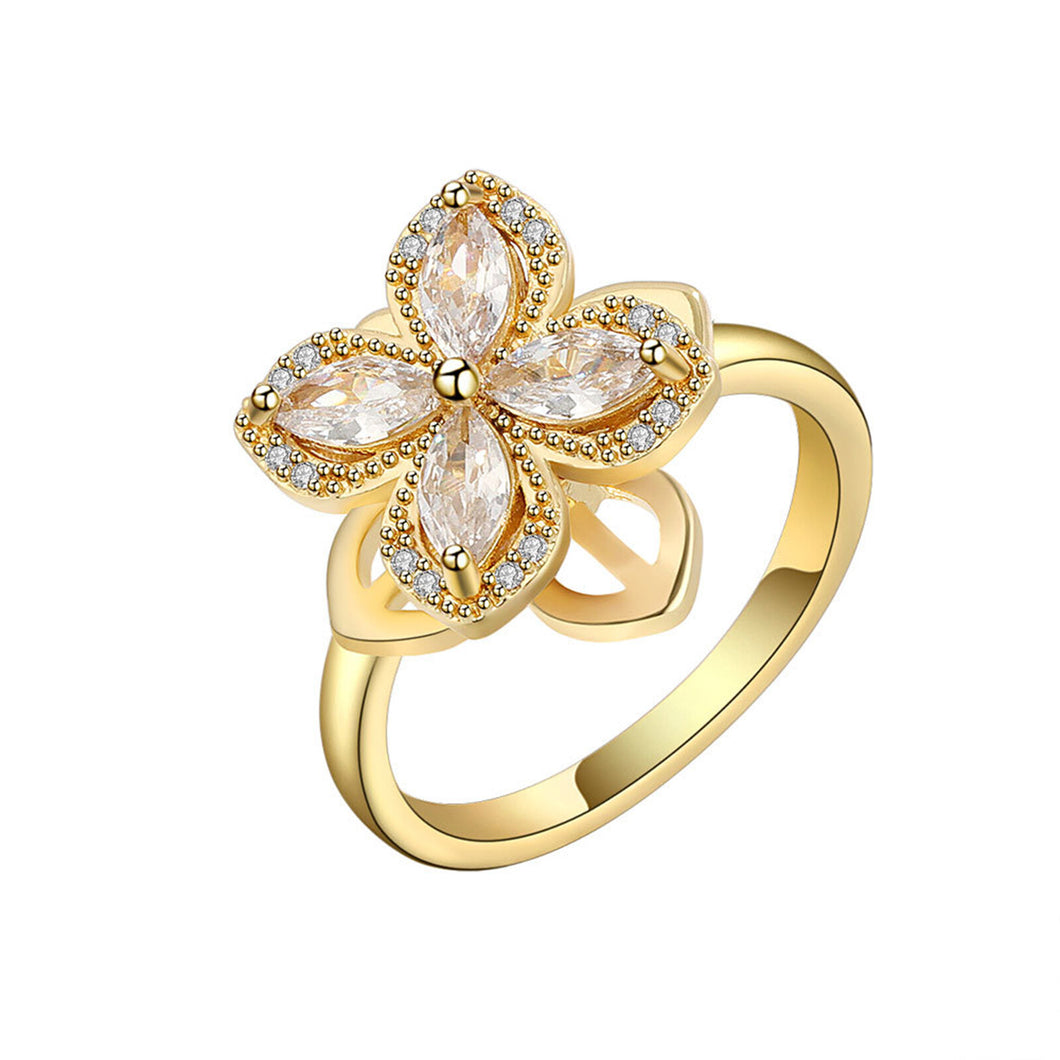 hesy® Four-Leaf Clover Zircon 18K Gold Plated Adjustable Handmade 925 Sterling Silver Spinning Ring C2530