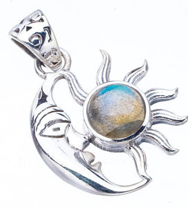 StarGems Blue Fire Labradorite Sun And MoonHandmade 925 Sterling Silver Pendant 1" F5217