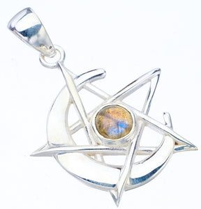StarGems Blue Fire Labradorite Star And Moon Handmade 925 Sterling Silver Pendant 1.5" F5241