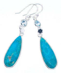 StarGems Turquoise Blue Topaz FlowerHandmade 925 Sterling Silver Earrings 2.25" F6313
