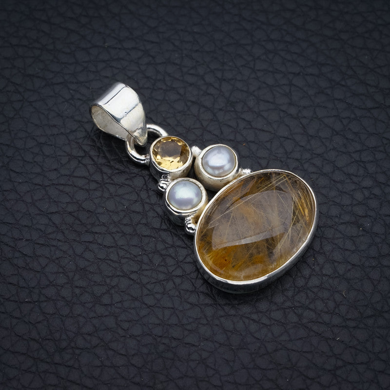 StarGems Golden Rutile Citrine And River Pearl Handmade 925 Sterling Silver Pendant 1.25