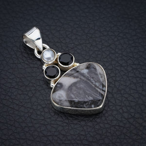 StarGems Pinolith Jasper Black Onyx And River PearlHandmade 925 Sterling Silver Pendant 1.5" F4539