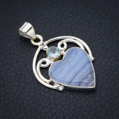 StarGems Blue Lace Agate Blue Topaz HeartHandmade 925 Sterling Silver Pendant 1.75