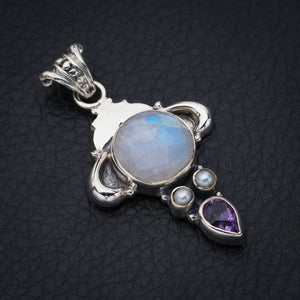 StarGems Moonstone Amethyst And River Pearl Handmade 925 Sterling Silver Pendant 1.75" F5077