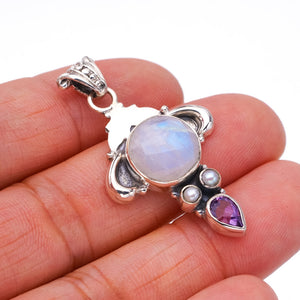 StarGems Moonstone Amethyst And River Pearl Handmade 925 Sterling Silver Pendant 1.75" F5077