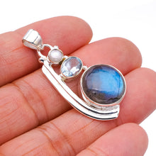 StarGems Blue Fire Labradorite River Pearl And Blue TopazHandmade 925 Sterling Silver Pendant 1.75" F5218
