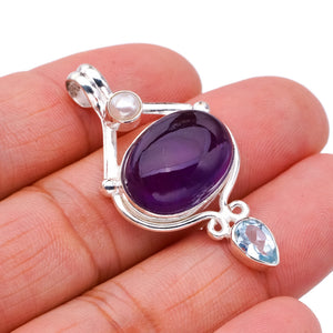 StarGems Amethyst Blue Topaz And River Pearl Handmade 925 Sterling Silver Pendant 1.75" F5304