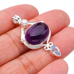 StarGems Amethyst River Pearl And Blue Topaz Handmade 925 Sterling Silver Pendant 1.75" F5325