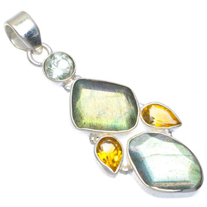 Natural Blue Fire Labradorite,Green Amethyst and Citrine 925 Sterling Silver Pendant 2" A4550