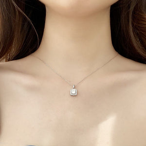 hesy®1ct Moissanite 925 Silver Platinum Plated Zirconia Surrounded Square-Shape Necklace B4610
