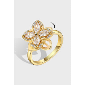 hesy® Four-Leaf Clover Zircon 18K Gold Plated Adjustable Handmade 925 Sterling Silver Spinning Ring C2530