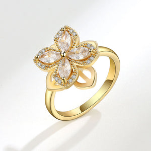 hesy® Four-Leaf Clover Zircon 18K Gold Plated Adjustable Handmade 925 Sterling Silver Spinning Ring C2530