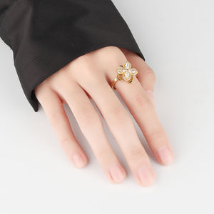 hesy® Four-Leaf Clover Zircon 18K Gold Plated Adjustable Handmade 925 Sterling Silver Spinning Ring C2530